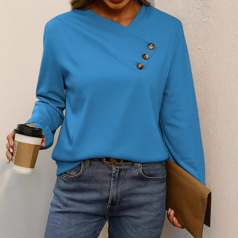 Damen Asymmetrische V-Ausschnitt Bluse mit Zierknopfleiste und Langarm EB