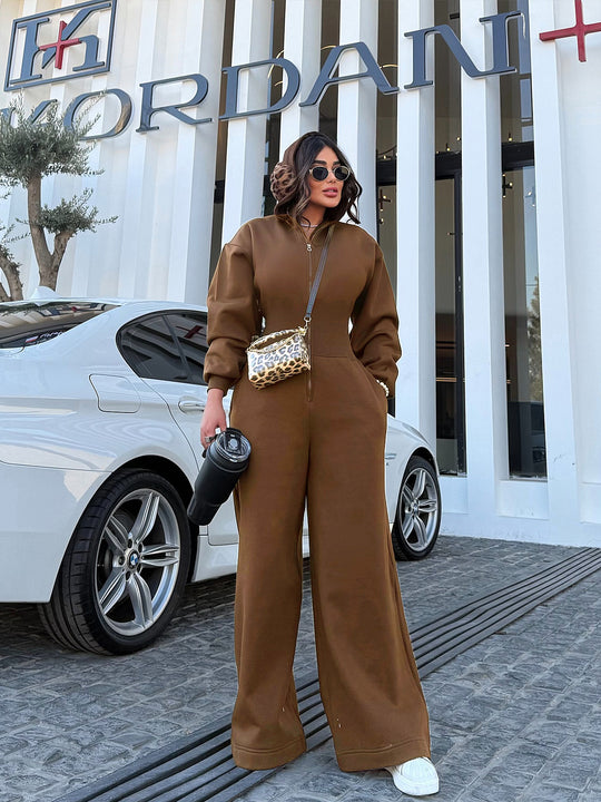 Damen Sportlicher Fleece-Jumpsuit mit hohem Kragen und trendiger Silhouette EB