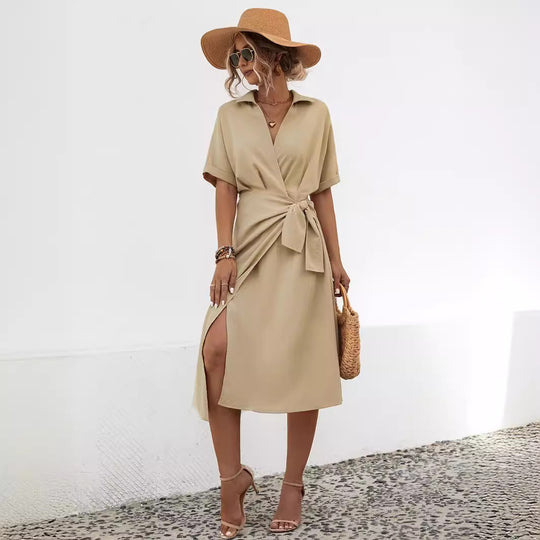 Damen Wickelkleid mit elegantem Kragen und Taillengürtel EB
