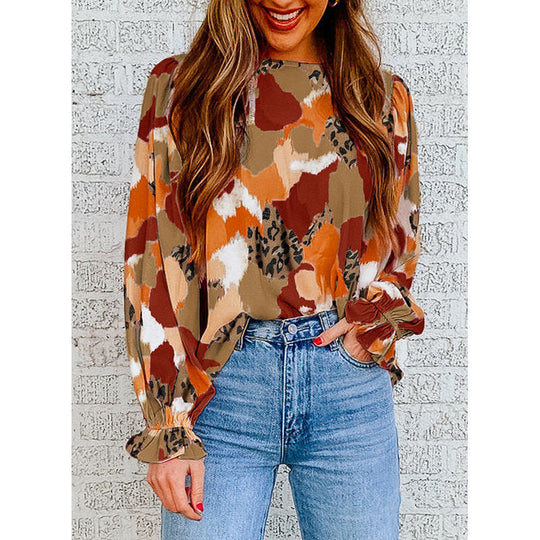 Damen Bluse mit künstlerischem Druck und gerafften Manschetten EB