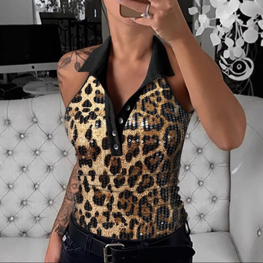 Damen Glitzerndes Poloshirt mit Leopardenmuster EB