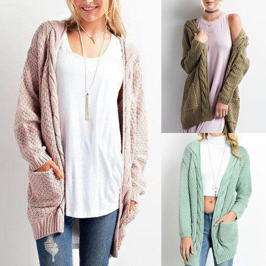 Damen Strickjacke mit Taschen und detailreicher Zopfmusterstruktur EB