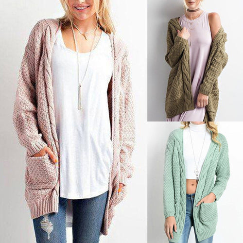 Damen Strickjacke mit Taschen und detailreicher Zopfmusterstruktur EB