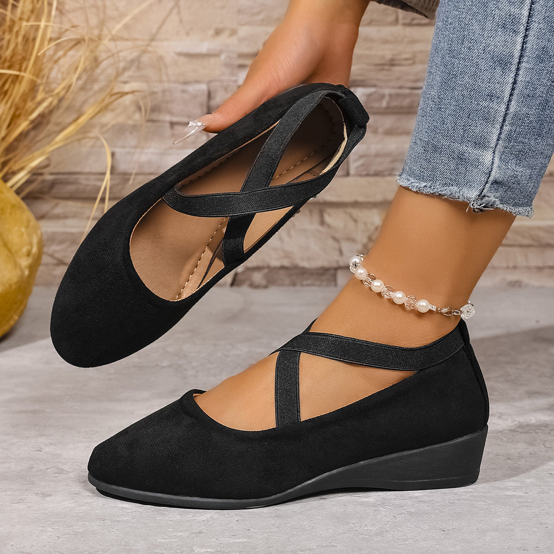 Damen elegante Ballerinas mit modischen Kreuzriemen und bequemem Wedge-Absatz EB