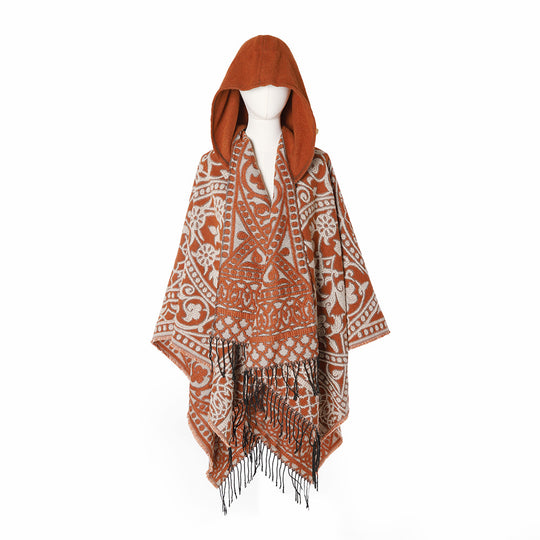 Damen Kapuzen-Ruana aus Wollmix mit Ornament-Jacquard und Fransen EB