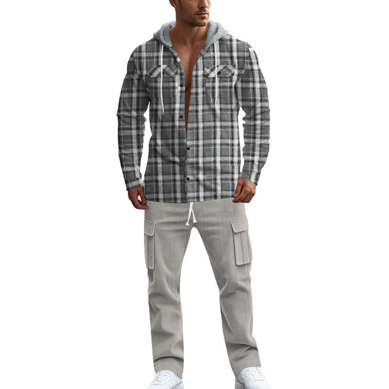 Herren gemusterte Kapuzenshirtjacke mit karierter Struktur und praktischen Taschen EB