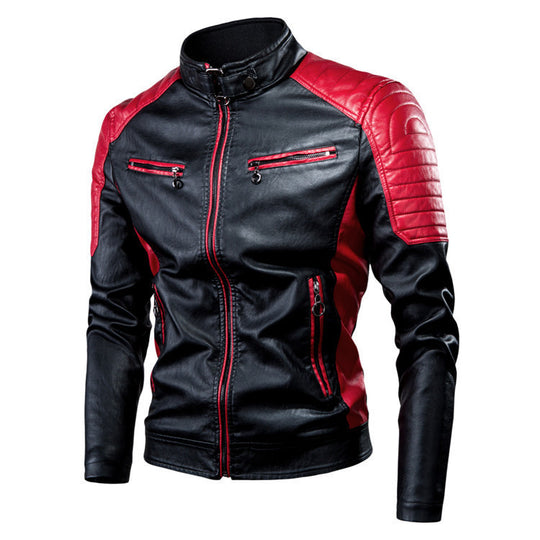 Herren Kunstleder-Bikerjacke im Racing-Stil mit gesteppter Schulterpartie und Stehkragen EB