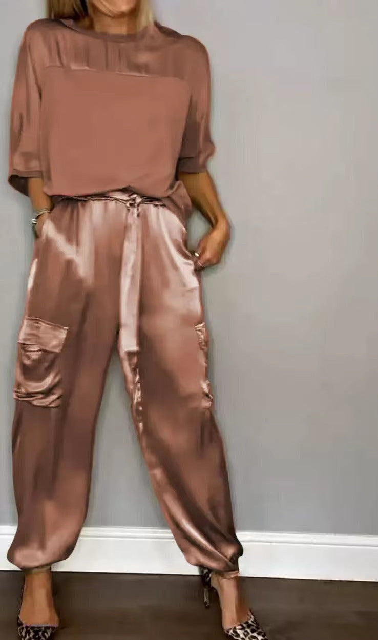 EB | Solide Farbe glatt Satin Top zweiteilige Set für Frauen