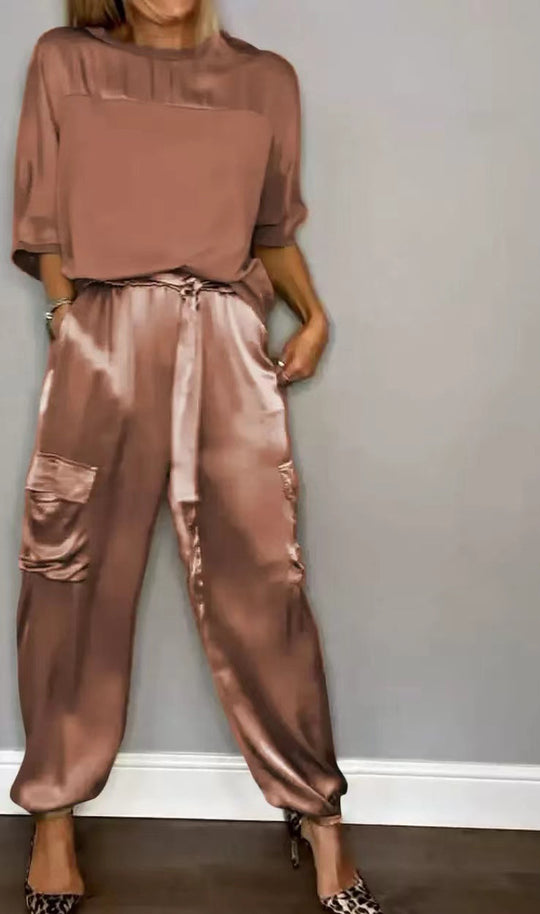 EB | Solide Farbe glatt Satin Top zweiteilige Set für Frauen