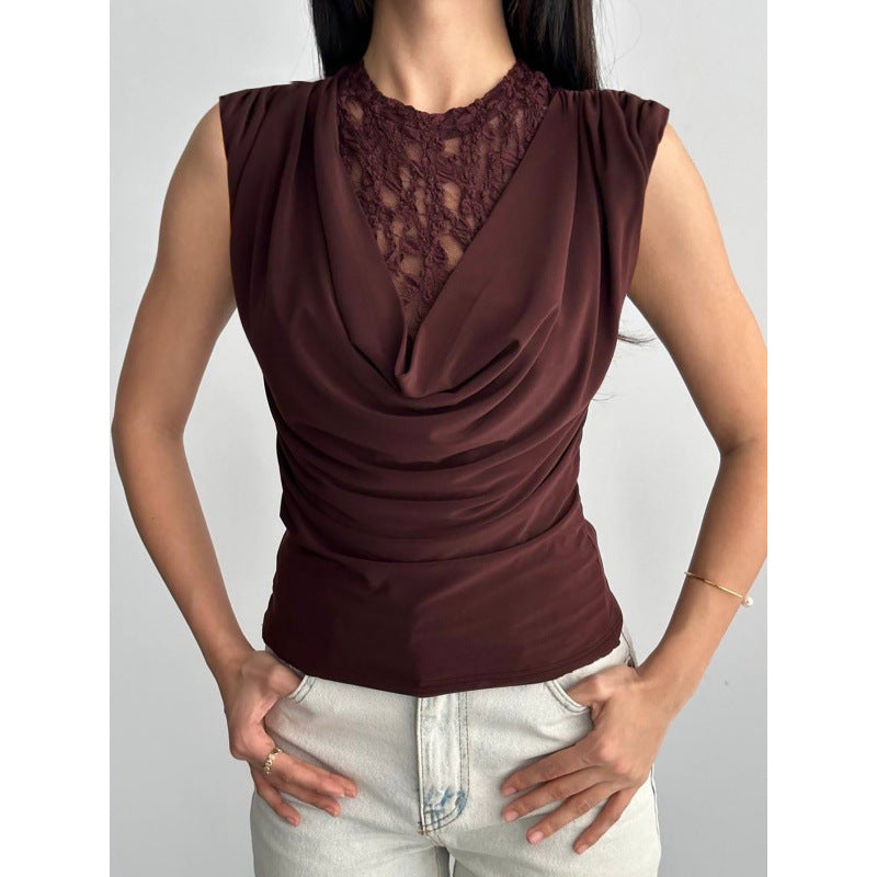 Damen Elegantes Oberteil mit Drapierung und Spitzeneinsatz EB