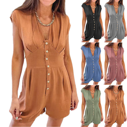 Damen Jumpsuit mit tiefem V-Ausschnitt und dekorativen Knopfdetails EB