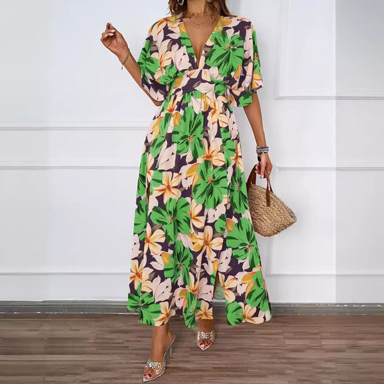 Damen Voluminöses Maxikleid mit floralem Design und tiefem V-Ausschnitt EB
