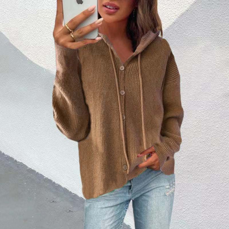 Damen Strickjacke mit Kapuze und Knopfleiste EB