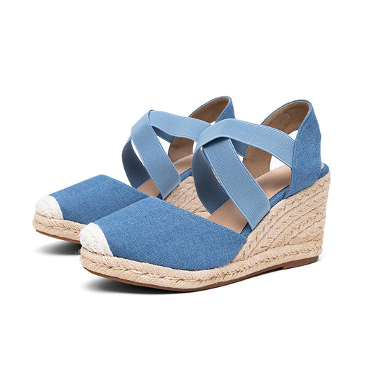 Damen Wedge-Sandalen mit elastischen Kreuzriemen und Bast-Optik EB