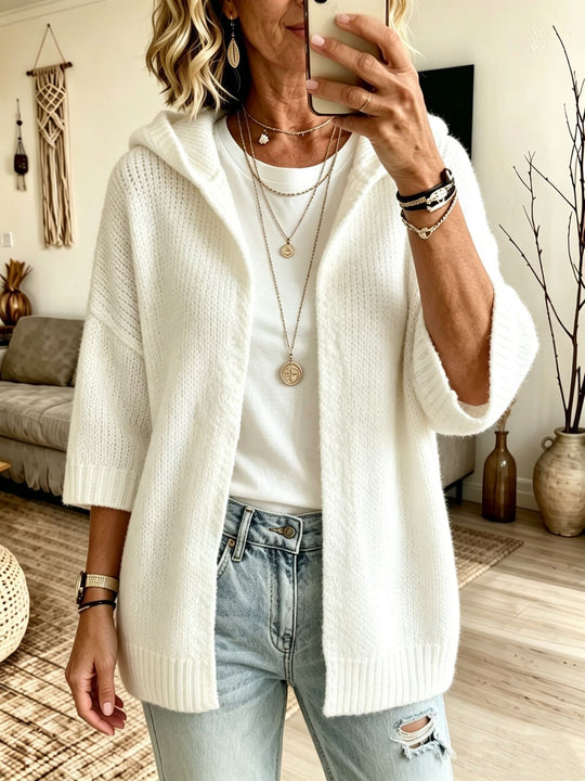 Damen Kapuzen-Longcardigan aus grobem Strick mit 3/4-Ärmeln und offener Front EB