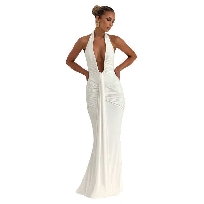 Damen Elegantes Maxikleid mit raffinierten Drapierungen und tiefem V-Ausschnitt EB