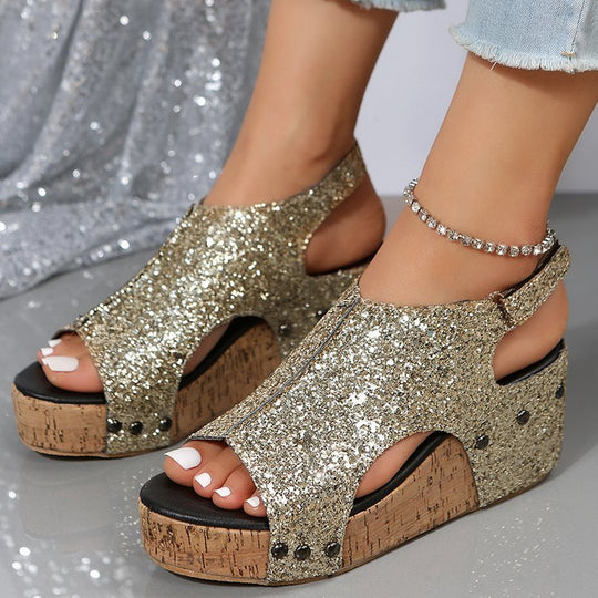 Damen Funkelnde Sandaletten mit modischem Kork-Design EB