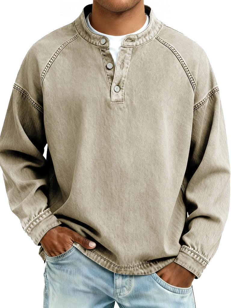Herren nan verwaschenes Henley-Shirt mit Stehkragen, lockerer Passform und Knopfleiste EB