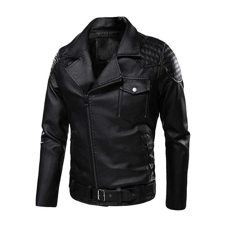 Herren Kunstleder-Bikerjacke mit asymmetrischem Reißverschluss Gürteldetail und gesteppter Schulterpartie EB
