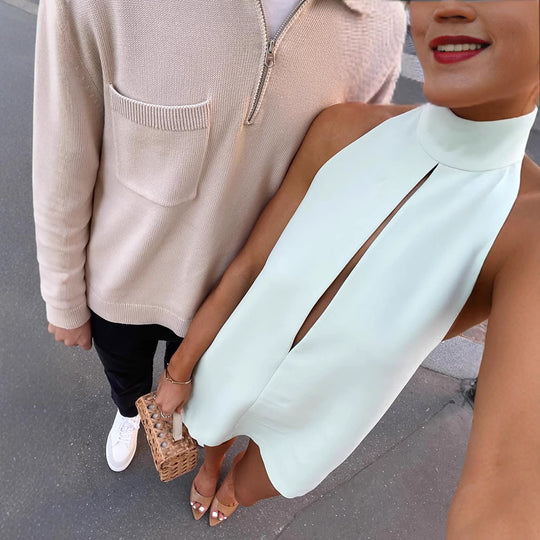 Damen trendiges Minikleid mit hohem Kragen und schlüsselloch Ausschnitt EB