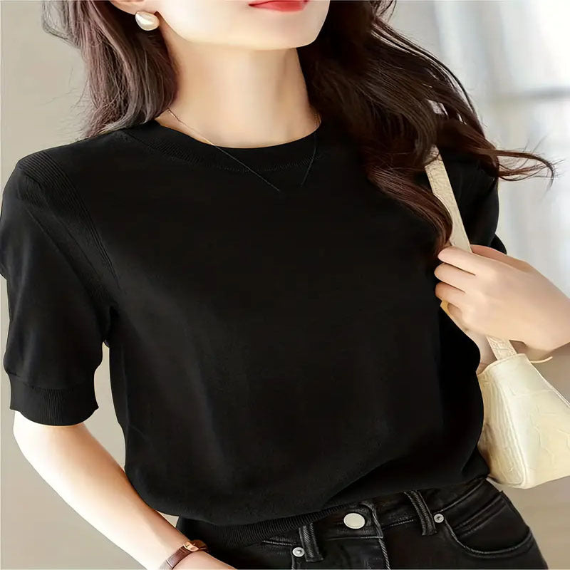 Damen eleganter Kurzarmpullover mit feiner Maschenstruktur und lässigem Schnitt EB
