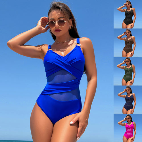 Damen Badeanzug mit elegantem Wickeldesign und transparenten Einsätzen EB