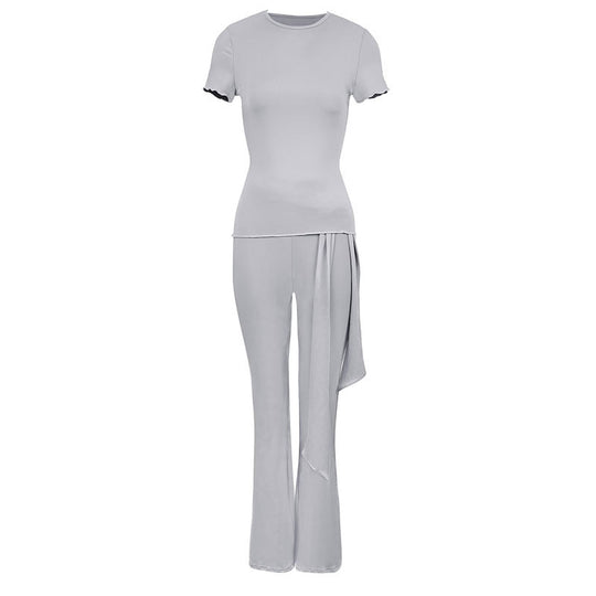 Damen elegantes Set aus figurbetontem Oberteil und ausgestellten Hosen EB