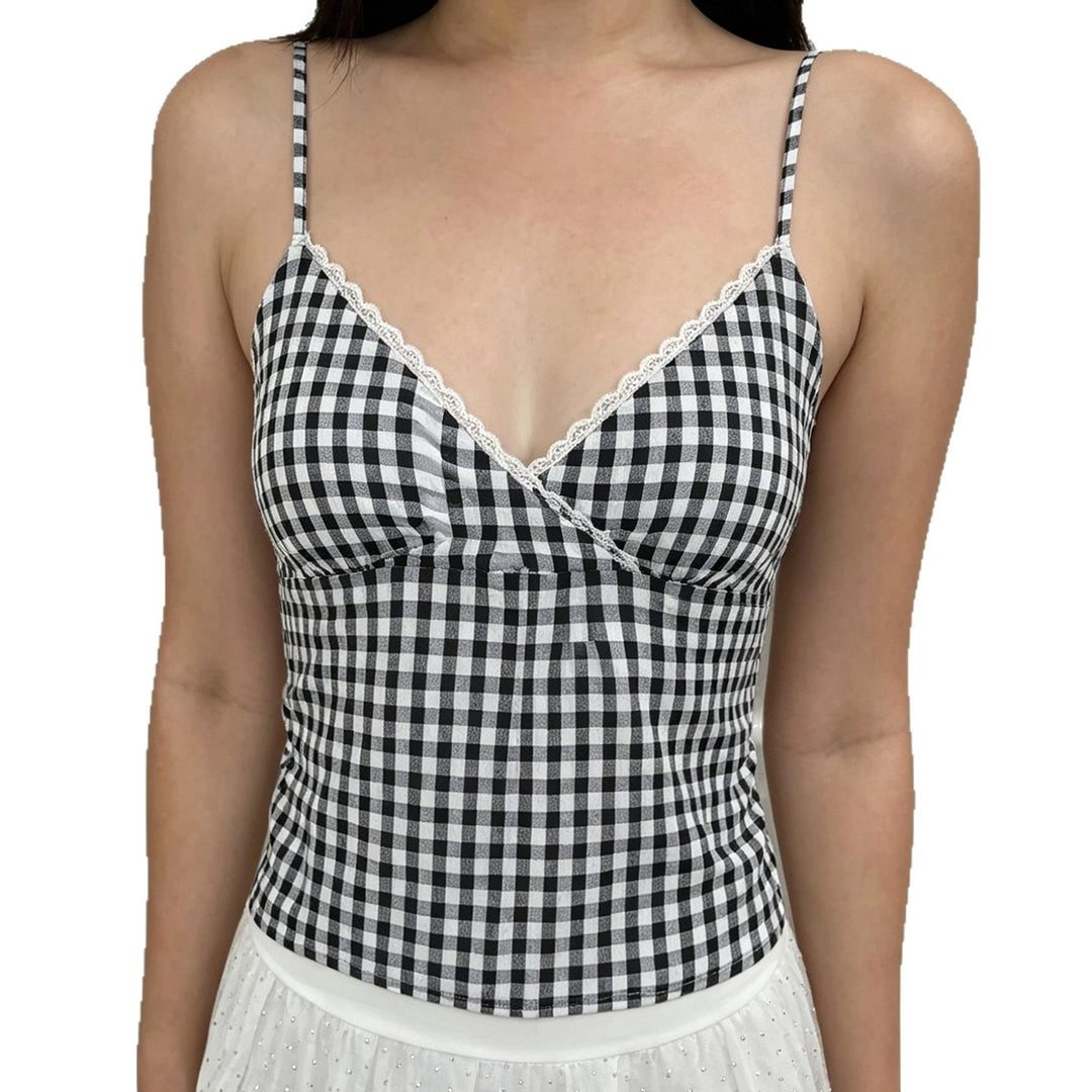 Damen V-Ausschnitt Vichy-Trägertop mit Spitzendetails EB
