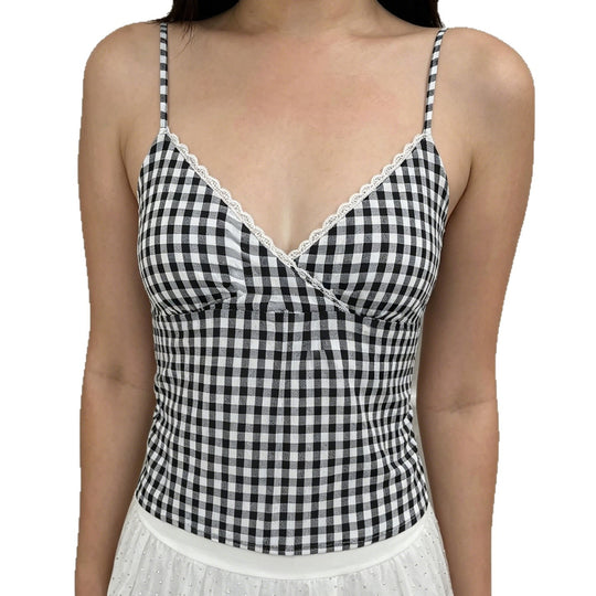 Damen V-Ausschnitt Vichy-Trägertop mit Spitzendetails EB