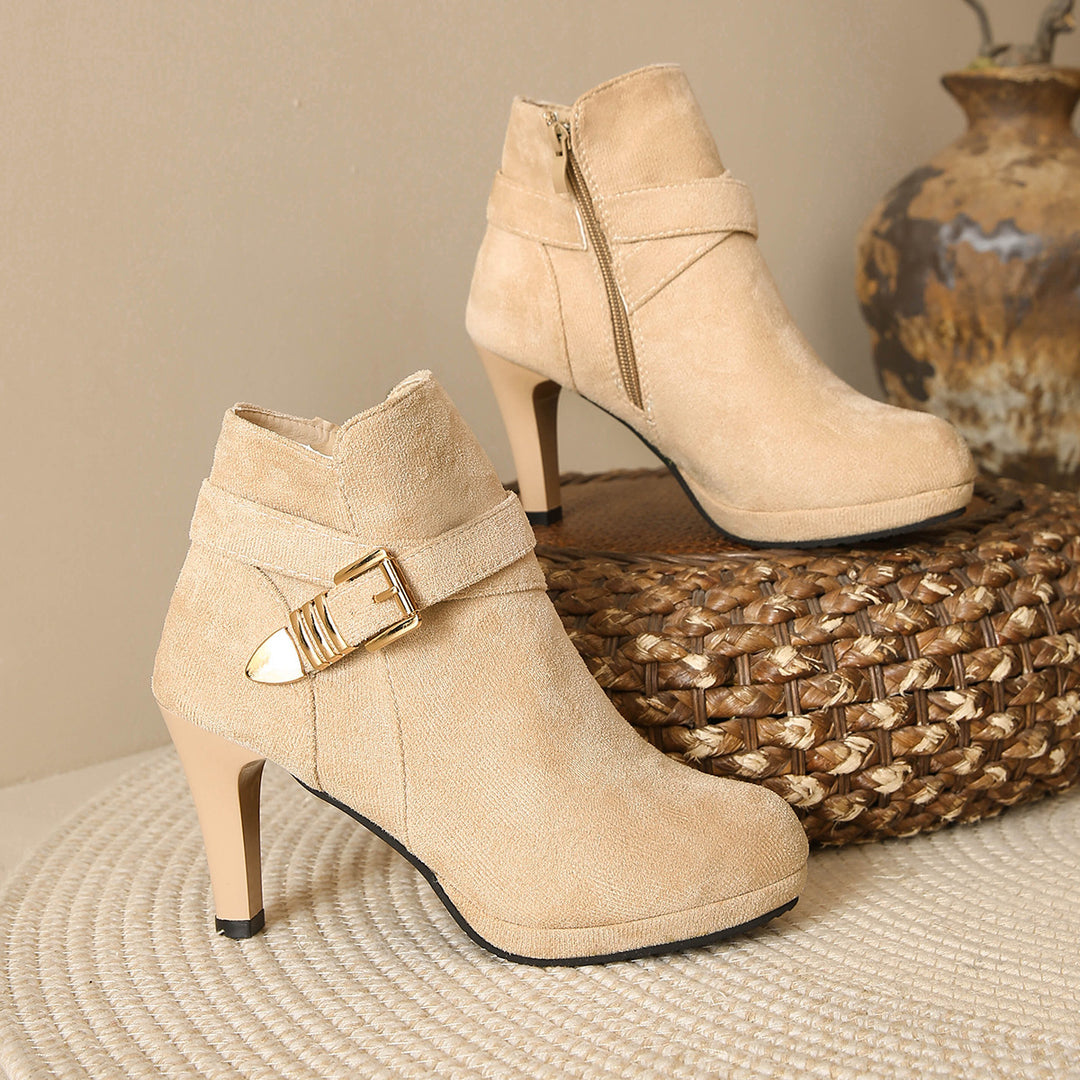 Damen Elegante Ankle-Boots mit hohem Absatz, seitlichem Reißverschluss und dekorativem Schnallengurt EB