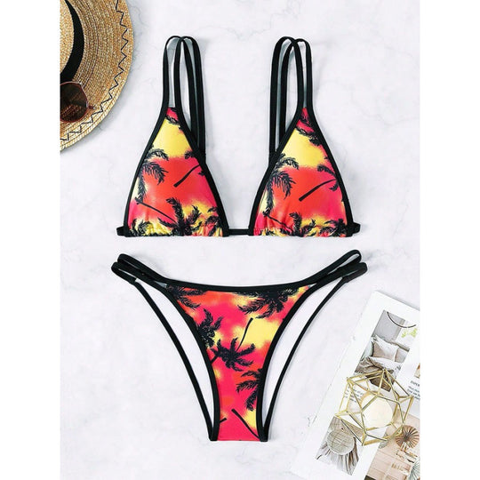 Damen Triangel-Bikini mit doppelten Trägern und trendigem Palmendruck EB