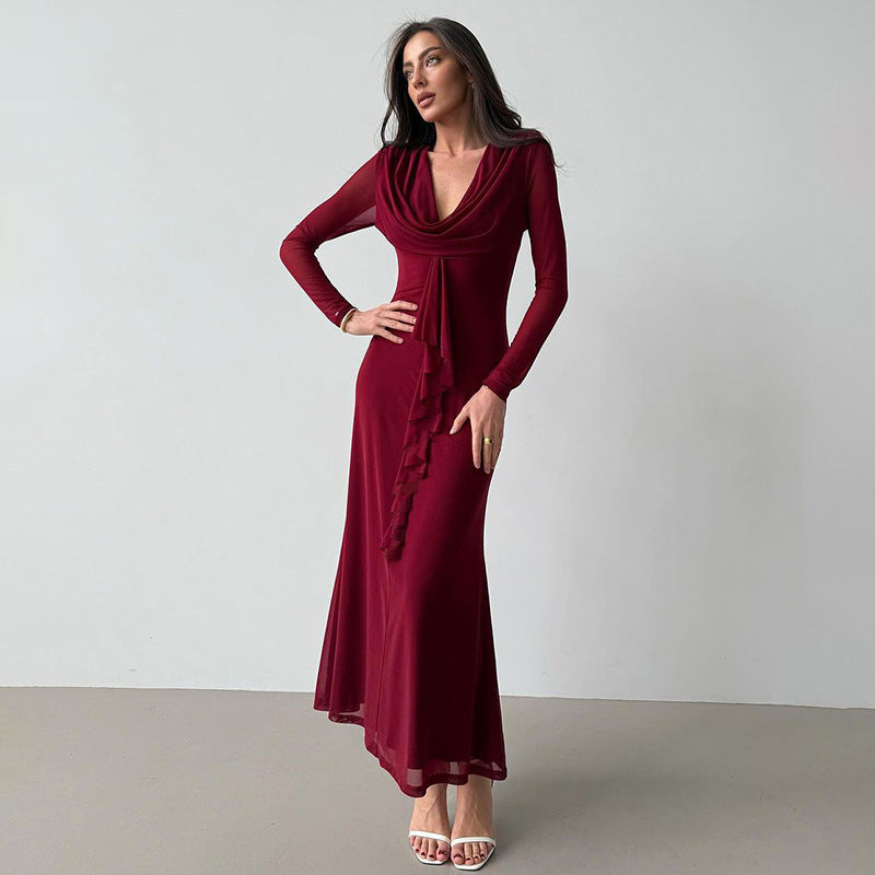 Damen Elegantes Maxikleid mit tiefem V-Ausschnitt und Rüschendetail EB