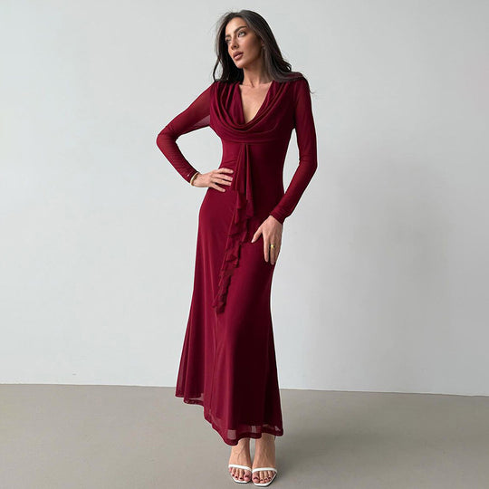 Damen Elegantes Maxikleid mit tiefem V-Ausschnitt und Rüschendetail EB