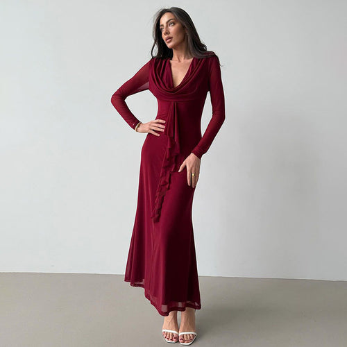 Damen Elegantes Maxikleid mit tiefem V-Ausschnitt und Rüschendetail EB