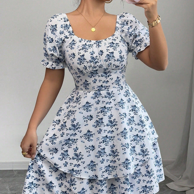 Damen Blumenkleid mit Rüschensaum und Puffärmeln EB