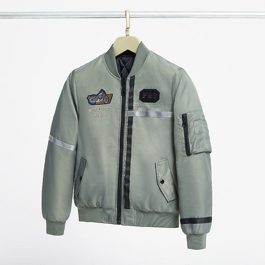 Men's  motorcycle-inspired reflective pilot bomber jacket with embroidered racing badge EB