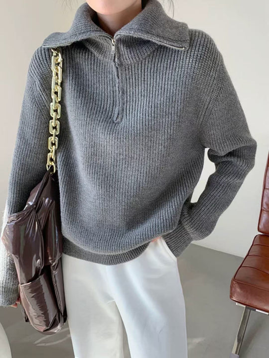 Damen Leichter Strickpullover mit hohem Kragen und Reißverschluss EB