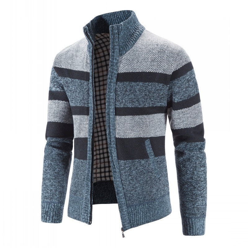 Herren modischer Strickpullover mit durchgehendem Reißverschluss und gestreiftem Design EB