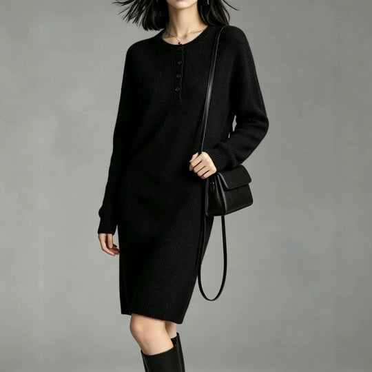 Damen Midilanges Strickkleid mit Henley-Leiste und gerippten Bündchen EB