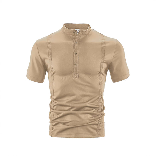 Herren nan Kurzarm-Stehkragenshirt mit verdeckter Knopfleiste, Zierpaspeln und figurbetonter Silhouette EB