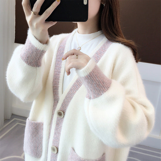 Damen Strickjacke mit modernem Farbkontrast und großen Taschen EB