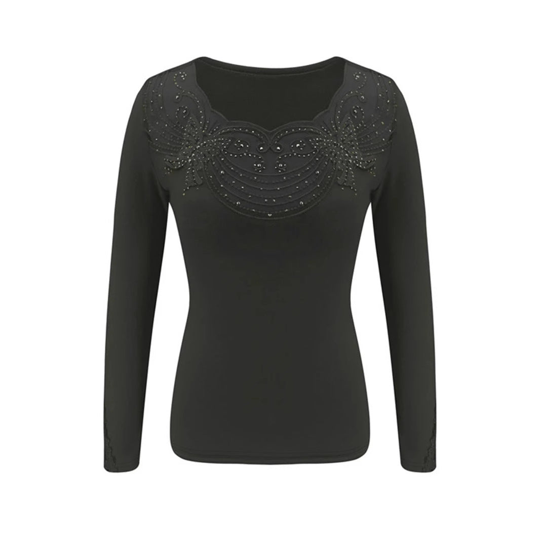 Damen Elegantes Oberteil mit transparentem Spitzenverlauf und funkelnden Applikationen EB