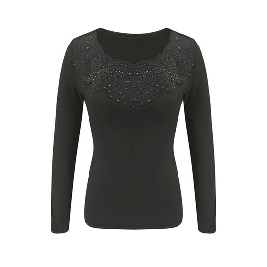 Damen Elegantes Oberteil mit transparentem Spitzenverlauf und funkelnden Applikationen EB