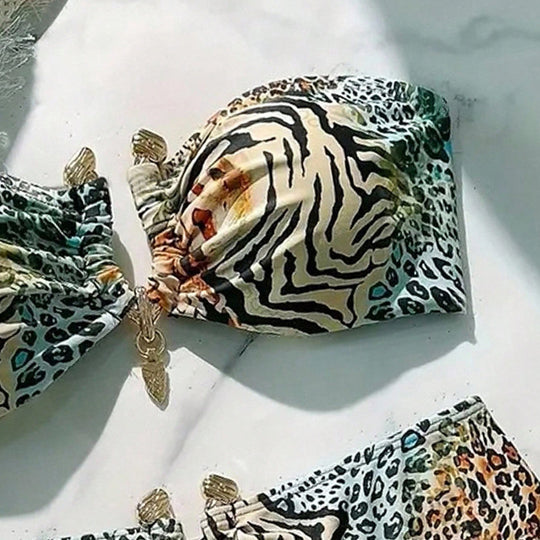 Damen Bandeau-Bikini mit animalischem Muster und dekorativem Verschluss EB