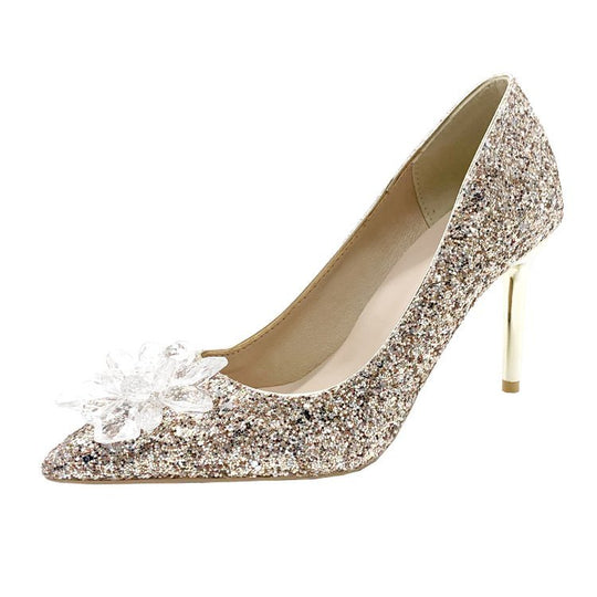 Damen glitzernde High Heels mit eleganter Blütenapplikation EB