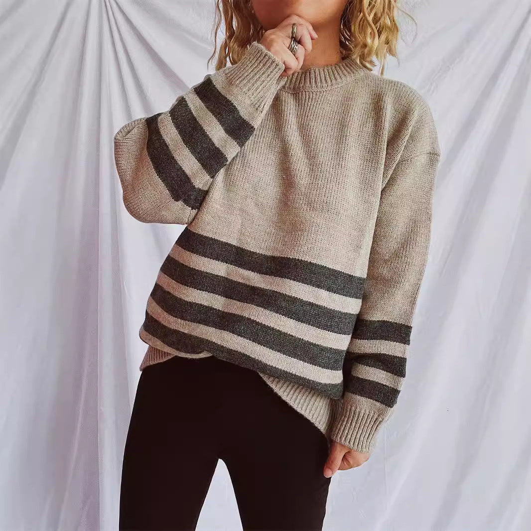 Damen lässiger Oversize-Pullover mit modernem Streifenmuster EB