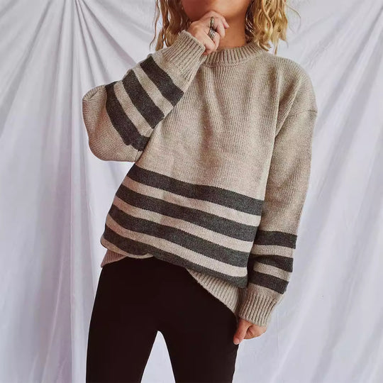 Damen lässiger Oversize-Pullover mit modernem Streifenmuster EB