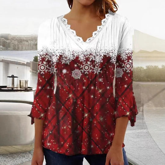 Damen Blusenshirt mit elegantem Spitzenhals und festlichem Karomuster Heidi-Mode