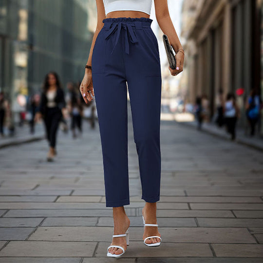 Damen elegante Chino-Hose mit hohem Bund und Taillenzug EB