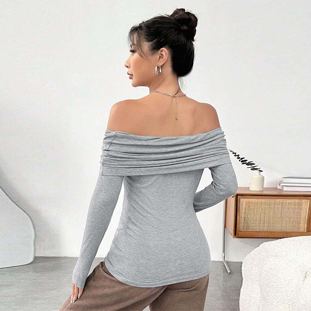 Damen eng anliegendes Off-Shoulder Rippstrick-Longsleeve mit gerafftem Wasserfall-Ausschnitt und Daumenloch Eichborn Berlin